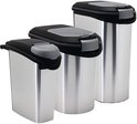 Drie metallic containers van verschillende groottes met zwarte deksels.