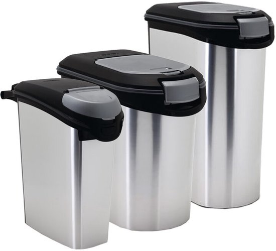 Drie metallic containers van verschillende groottes met zwarte deksels.