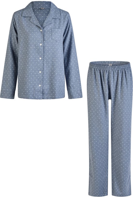 By Louise Dames Pyjama Set Flanel Lang Met Knoopsluiting Blauw Gestipt - Maat M