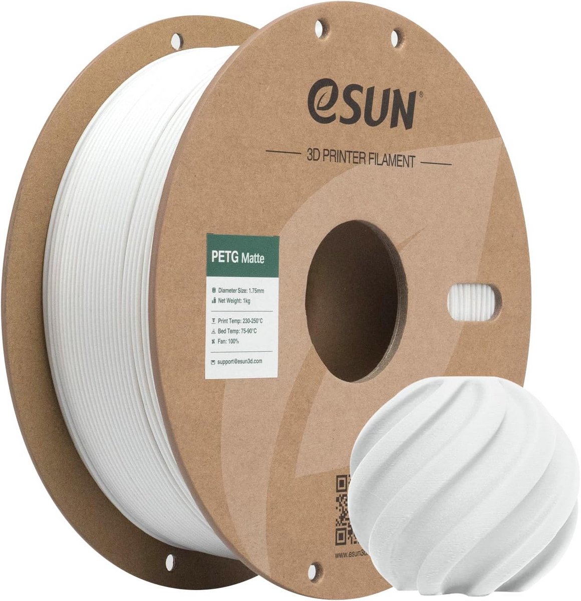 Glansloos PETG Filament 1.75mm Mat Wit - 1KG Spoel voor 3D Printers