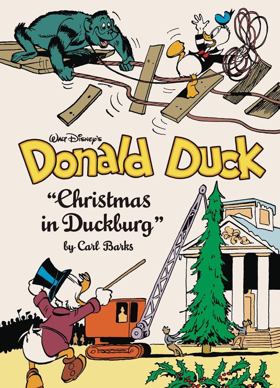 Donald Duck en een aap bouwen een kerstboom op, met Donald Duck die in het midden van planken valt.