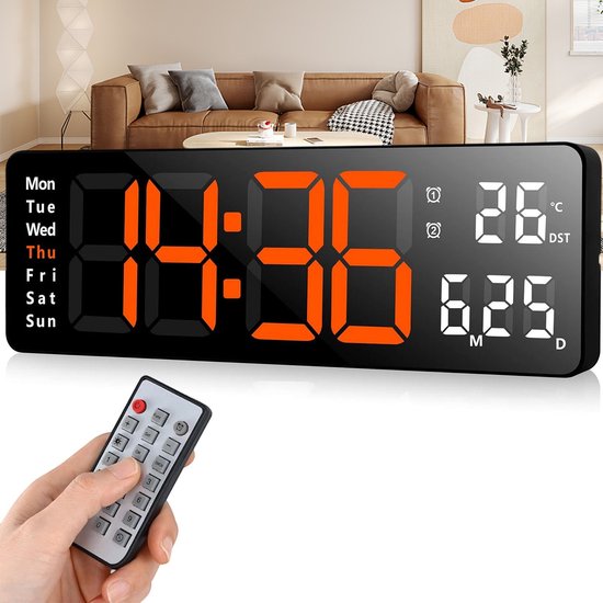 Horloge murale numérique 40,6 cm avec télécommande, affichage numérique à 10 niveaux