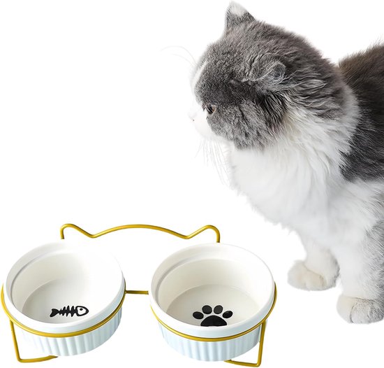 Gsedaox- 2 Keramische Voerbakken met Metalen Houder - Verhoogde Eet- en Drinkbakset voor Katten en Kleine Honden