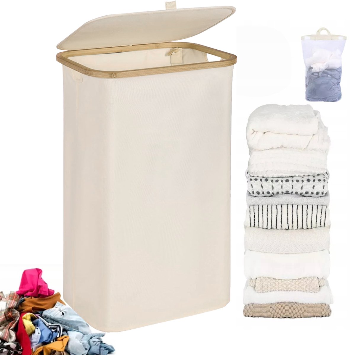 Smalle wasmand met deksel, 63L, hoogte 70cm, opvouwbaar, beige