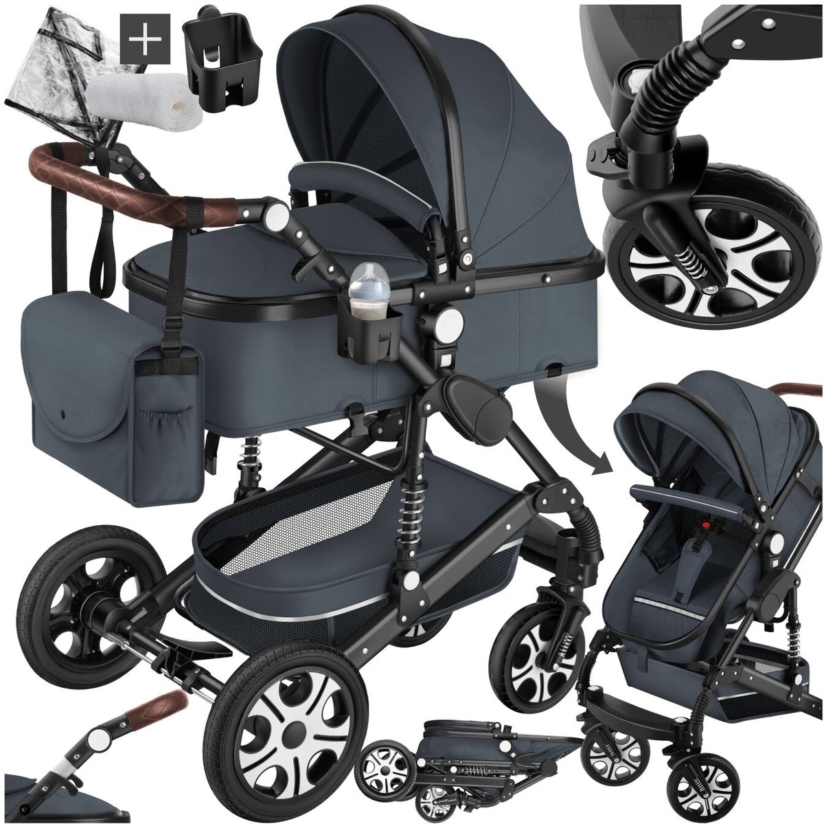 tectake® Multifunctionele Kinderwagen Mats - 2-in-1 Babywagen inclusief voetenzak, regenhoes, flessenhouder en opbergmand - Wandelwagen met 15kg draagkracht - Opvouwbaar met 5-puntsgordel - Antraciet - tectake® - €165,99