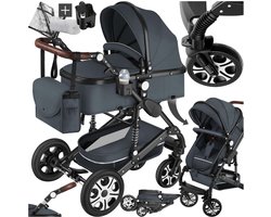 tectake® Multifunctionele Kinderwagen Mats - 2-in-1 Babywagen inclusief voetenzak, regenhoes, flessenhouder en opbergmand - Wandelwagen met 15kg draagkracht - Opvouwbaar met 5-puntsgordel - Antraciet