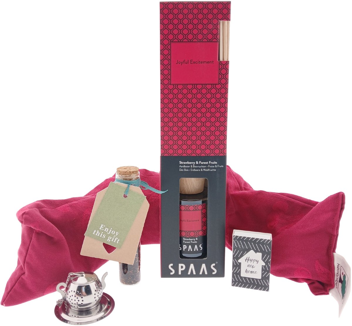 Spaas Geurstokjes & Warmtekussen Cadeauset – Rosemary Warmtekussen, Geurstokjes, Thee & Zeep “Happy New Home” – Relax Cadeau voor Iedereen