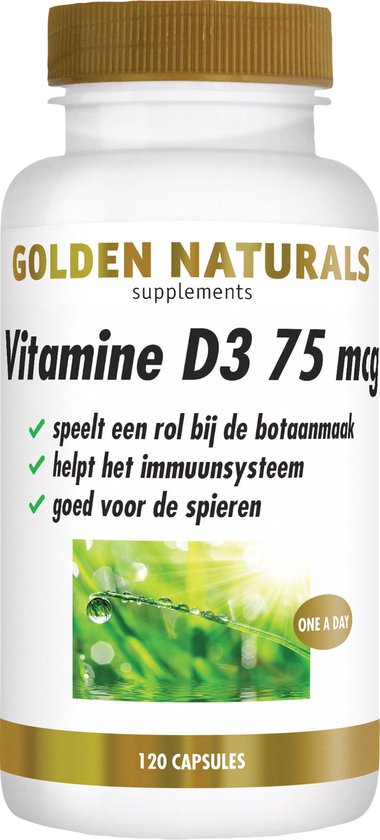 Golden Naturals Vitamine D3 75 mcg, 120 capsules, speelt een rol bij de botenaanmaak, helpt het immuunsysteem, goed voor de spieren, met afbeelding van dauwdruppels op groen gras.
