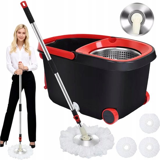 Spinmop en Emmer, Dweil en Emmerset voor Thuis 360 Draaiend Dweilen Vloerreinigingsgereedschap, Dweilemmerset met 2 Stuks Doek Microvezel Dweilgereedschap Droog Nat Vloer