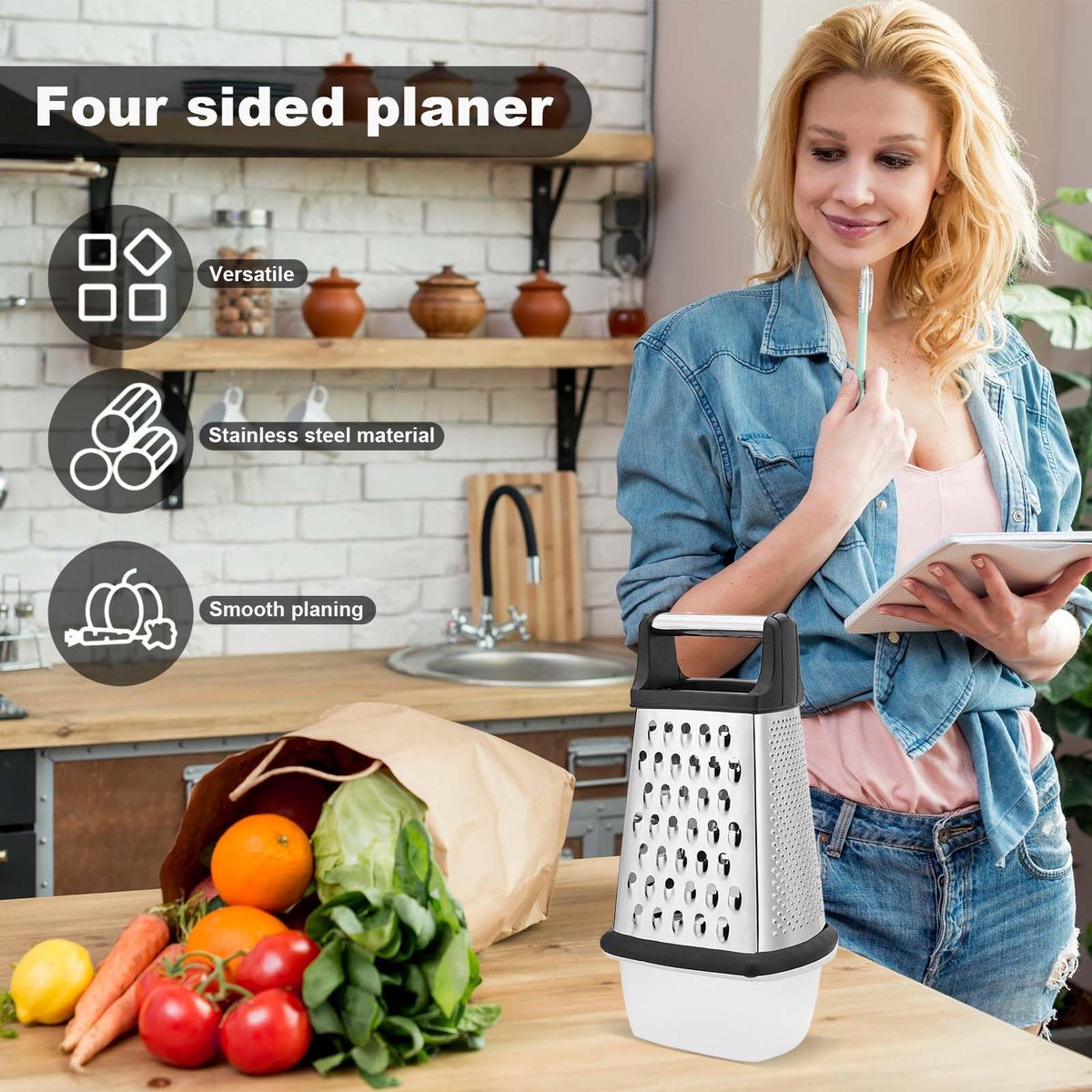 Unyqoos® Vierzijdige multifunctionele keukenrasp met opvangbak en antislip handgreep