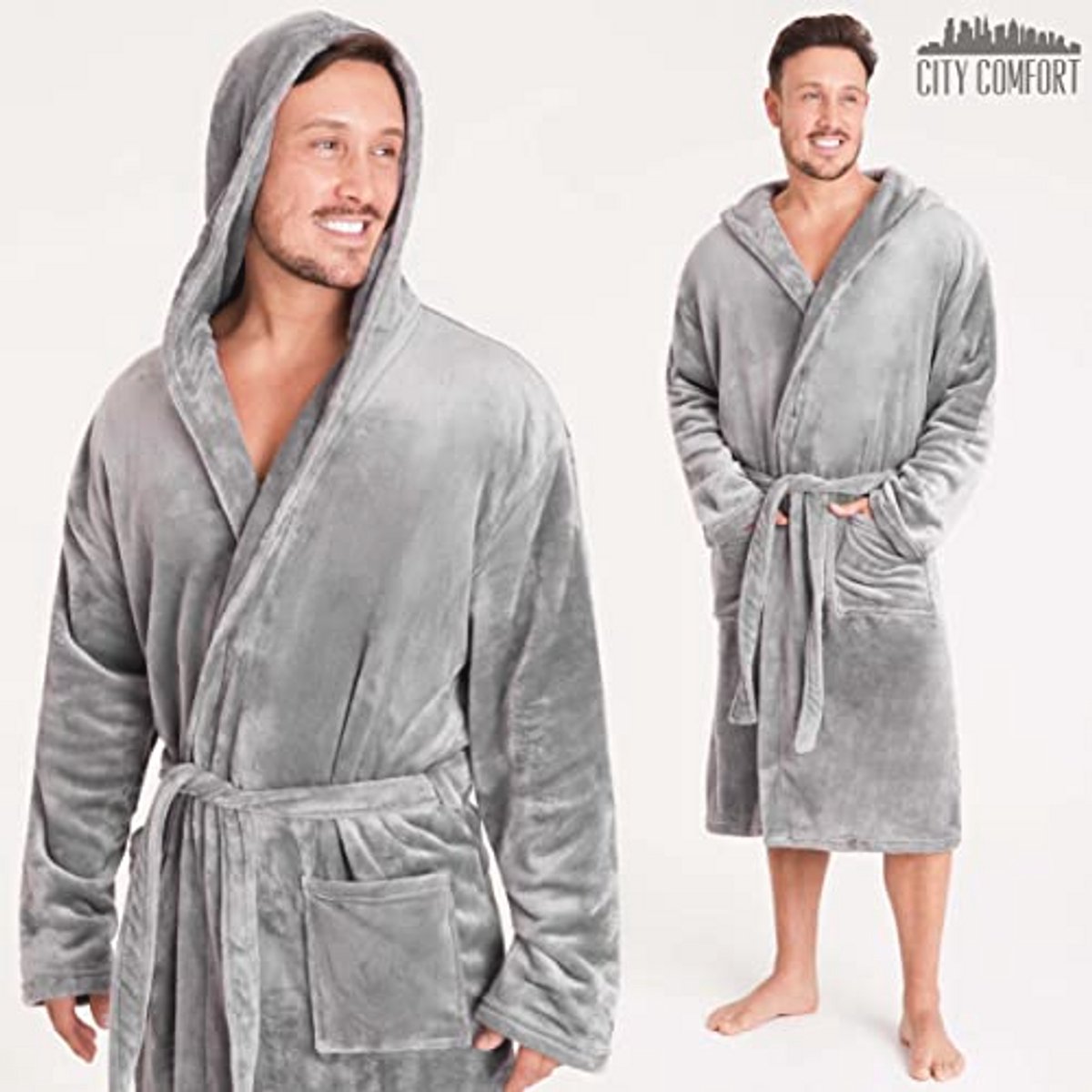 Ochtendjas voor heren, superzachte fleece badjas met capuchon, warm en behaaglijk