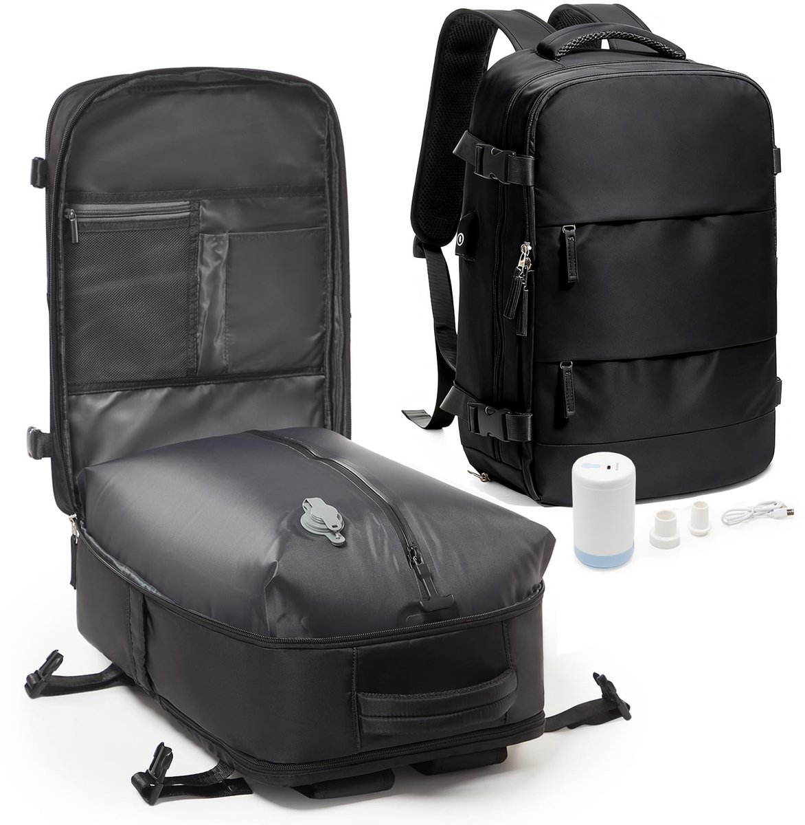 IMPERATORIS® Rugtas Traveler met vacuüm met Compressiesysteem & Laptopvak - 22-48L - Waterdichte Reistas - Handbagage Backpack - zwart