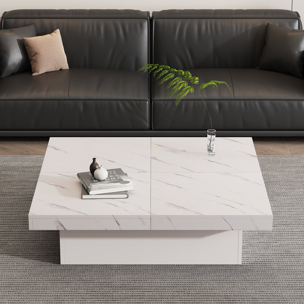 REDOM Salontafel 90×90×25 cm – Wit marmerlook, 4 schuifladen, schuifblad, max. 30 kg, modern design