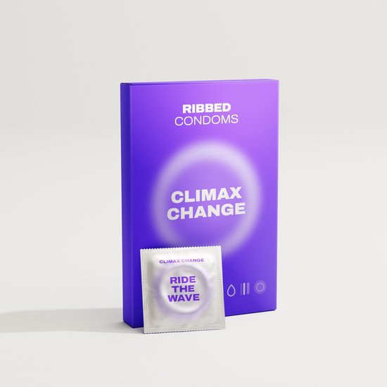 Paarse doos met "RIBBED CONDOMS CLIMAX CHANGE" en een enkele verpakking met "CLIMAX CHANGE RIDE THE WAVE" erop, op een witte achtergrond.