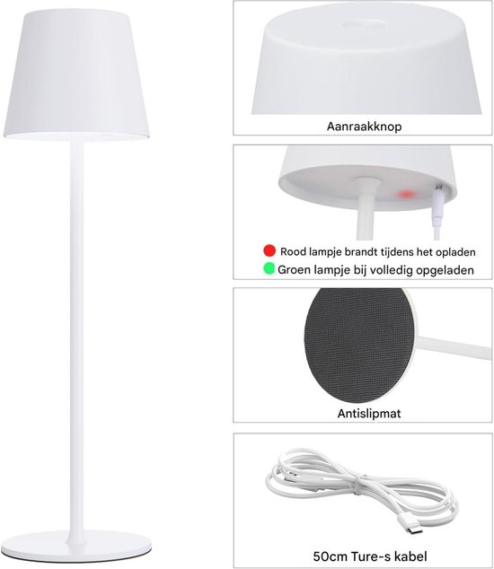 GELLDG Draadloze LED-bureaulamp - Met oplaadbare batterij - Touchbediening - 3 kleurtemperaturen - Traploos dimmen - USB-C oplaadbare touchlamp - Geschikt voor buiten, nachtkastjes, eettafels, kamperen - Wit van GelldG — afbeelding 2