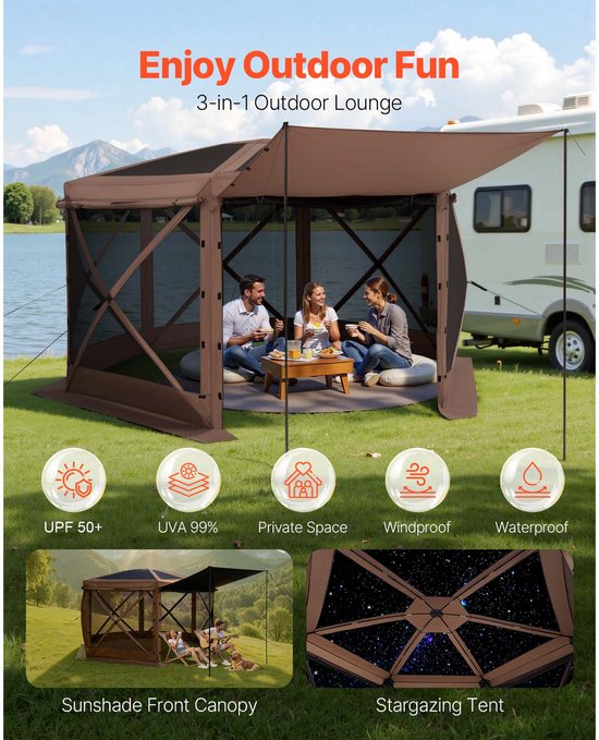 Pop-Up Gazebo Schermtent, 3.6 x 3.6 m Hexagonale Kampeer Canopy Met Losneembare Dak & Draagbare Zak, Eenvoudige Opbouw & Insectbestendig, Buiten Zonnescherm voor 8-10 Personen, Bruin van Merkloos — afbeelding 5