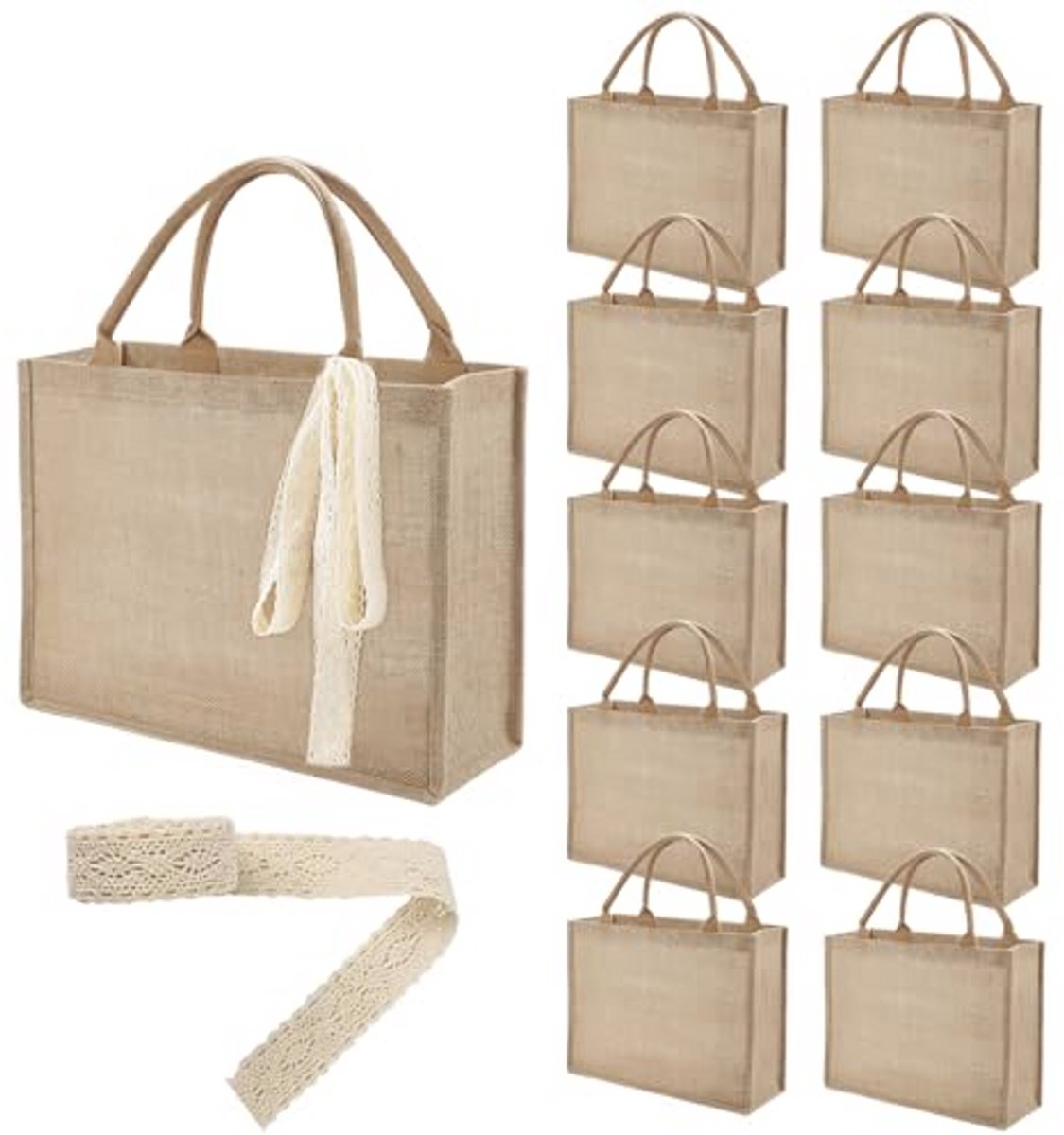 Grote jute draagtassen bulk - Herbruikbare waterdichte tas met 10 m lint voor geschenken