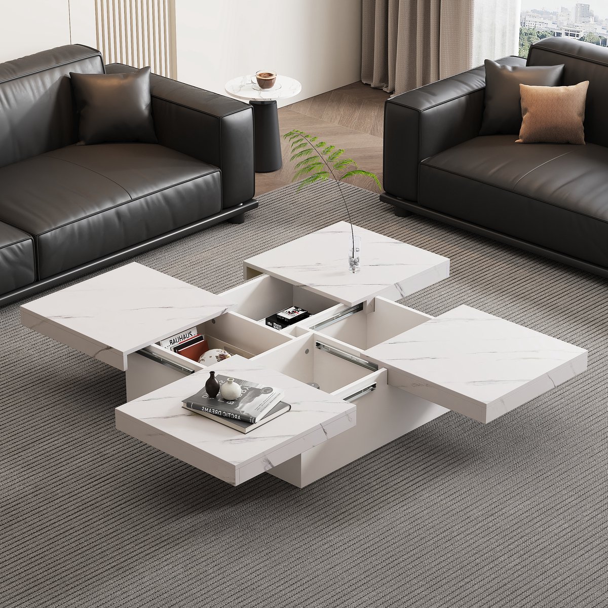 Wishdor Vierkante Salontafel - Uitschuifbaar Tafelblad - 4 Verborgen Vakken - Witte Marmerlook - 90x90x25 cm