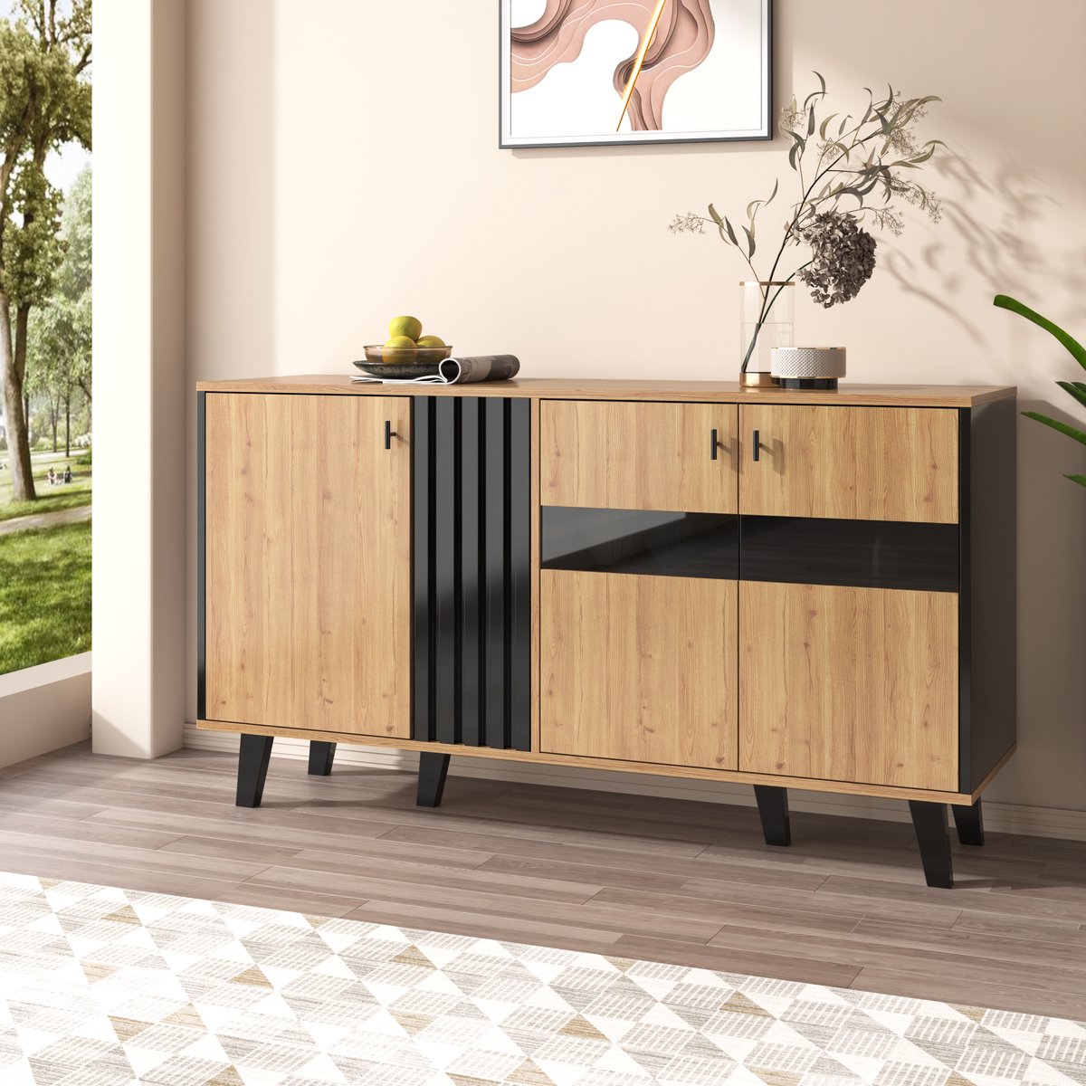 Wishdor Dressoir - Drie Deuren - Met Ledverlichting En Glaspaneel - Opbergruimte Met Legpl