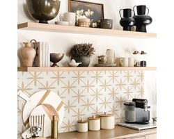 Alwayspon Tegelsticker, beige en witte zelfklevende plaktegels, sticker voor badkamer, keuken, spatwand, beschermfolie losmaken en aanbrengen, wandtegelsticker van vinyl, 10 stuks x 15 cm