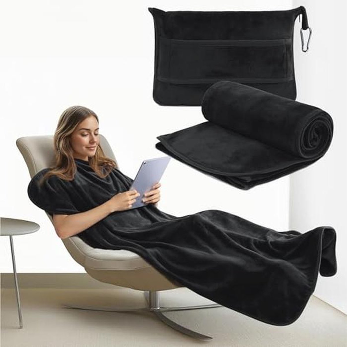 Opvouwbare reisdeken en kussen - 100 x 160 cm - Ideaal voor reizen en kamperen - Wasbaar en compact - Zwart