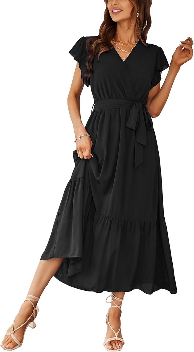 Elegante Zomerjurk Dames V-hals Bloemen Maxi Jurk met Ruches en Ceintuur