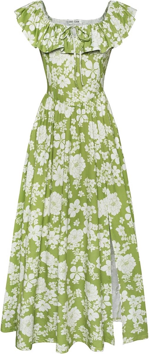 Bloemen Zomer V-hals Ruche Mouw Empire Taille A-lijn Casual Maxi Jurk met Zakken