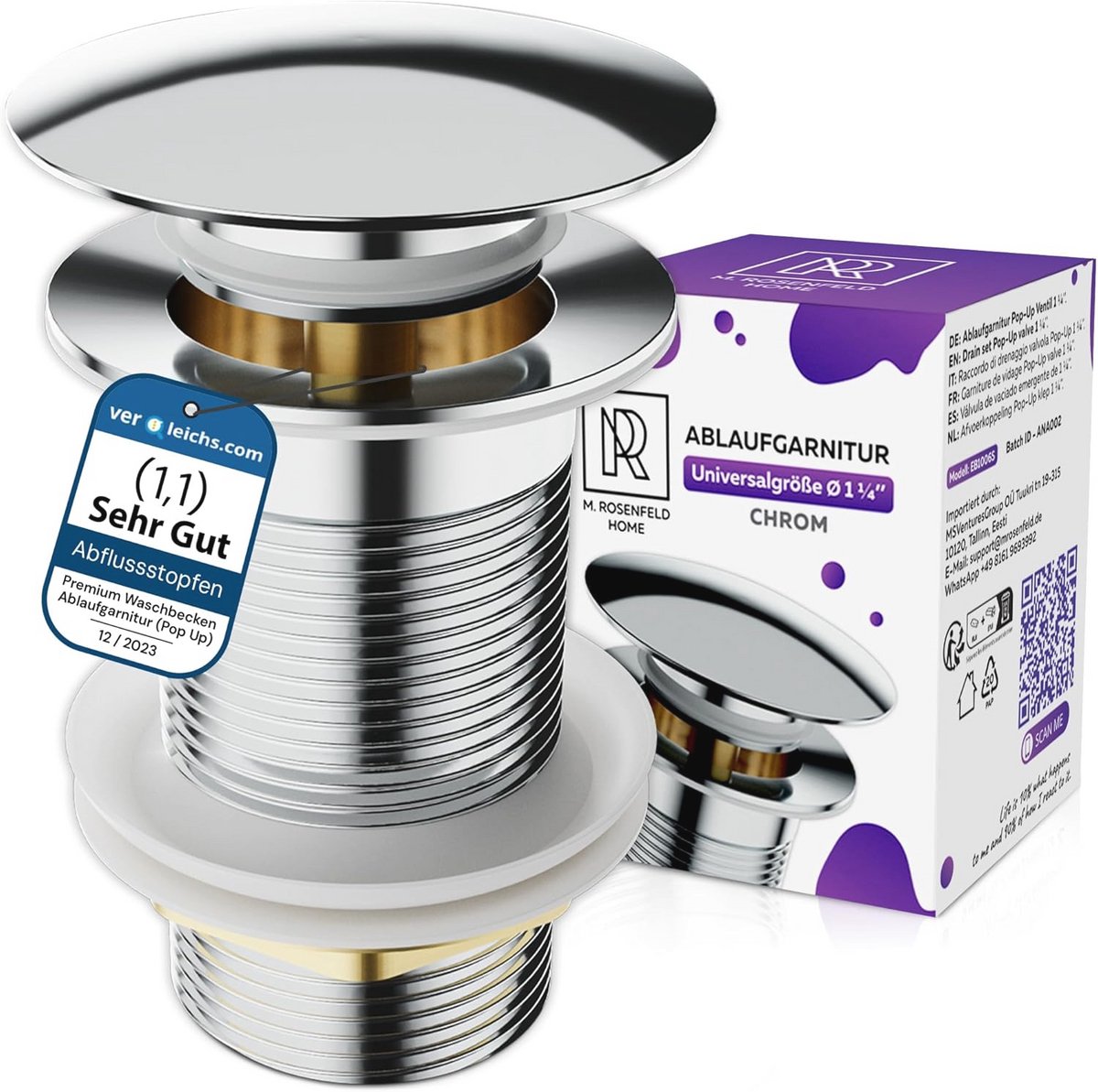 M. ROSENFELD HOME Drain fitting washbasin without overflow chrome - drain valve pop-up 1 1/4 inch made of stainless steel and brass for washbasin - drain fitting sink pop-up valves -