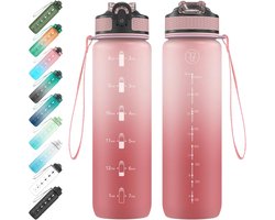 EYQ 1 l waterfles, 1 liter waterfles met rietje, 32 oz lekvrije motiverende sportdrankfles met tijdmarkering, Tritan BPA-vrij, drinkflessen voor fitness, school, sportschool, buitensport