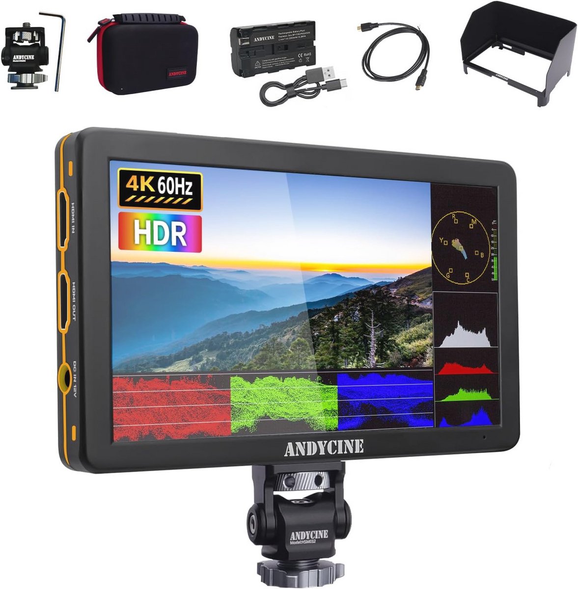 6 inch cameramonitor met aluminium behuizing, 4K 60Hz HDMI HDR, 1920x1080 en 3D LUT - Inclusief batterij en draagtas