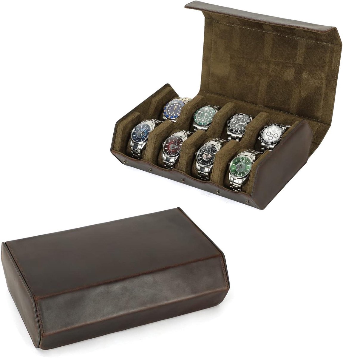 Allecta - Opbergdoos van echt leer voor horloges - 6-hoekig - 8 horloges - koffiebruin