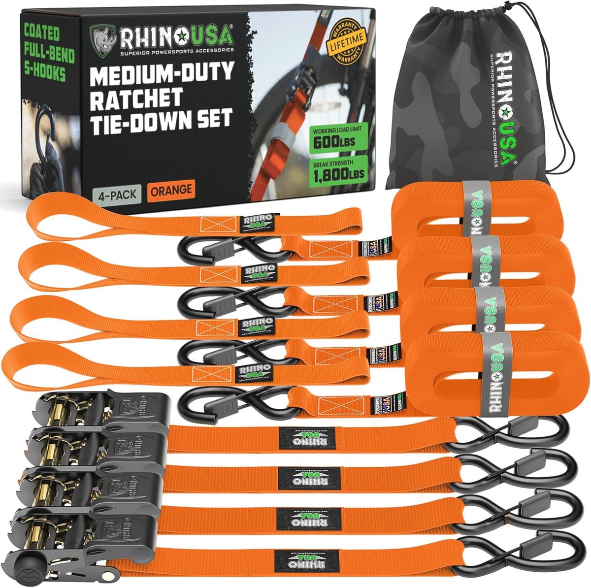Sjorbanden 4-Pack - 2,5 cm x 4,6 m (800 kg breuksterkte) - Ultieme spanbanden met veiligheids-S-haken - Premium riemen voor vrachtwagens en apparaten - Oranje