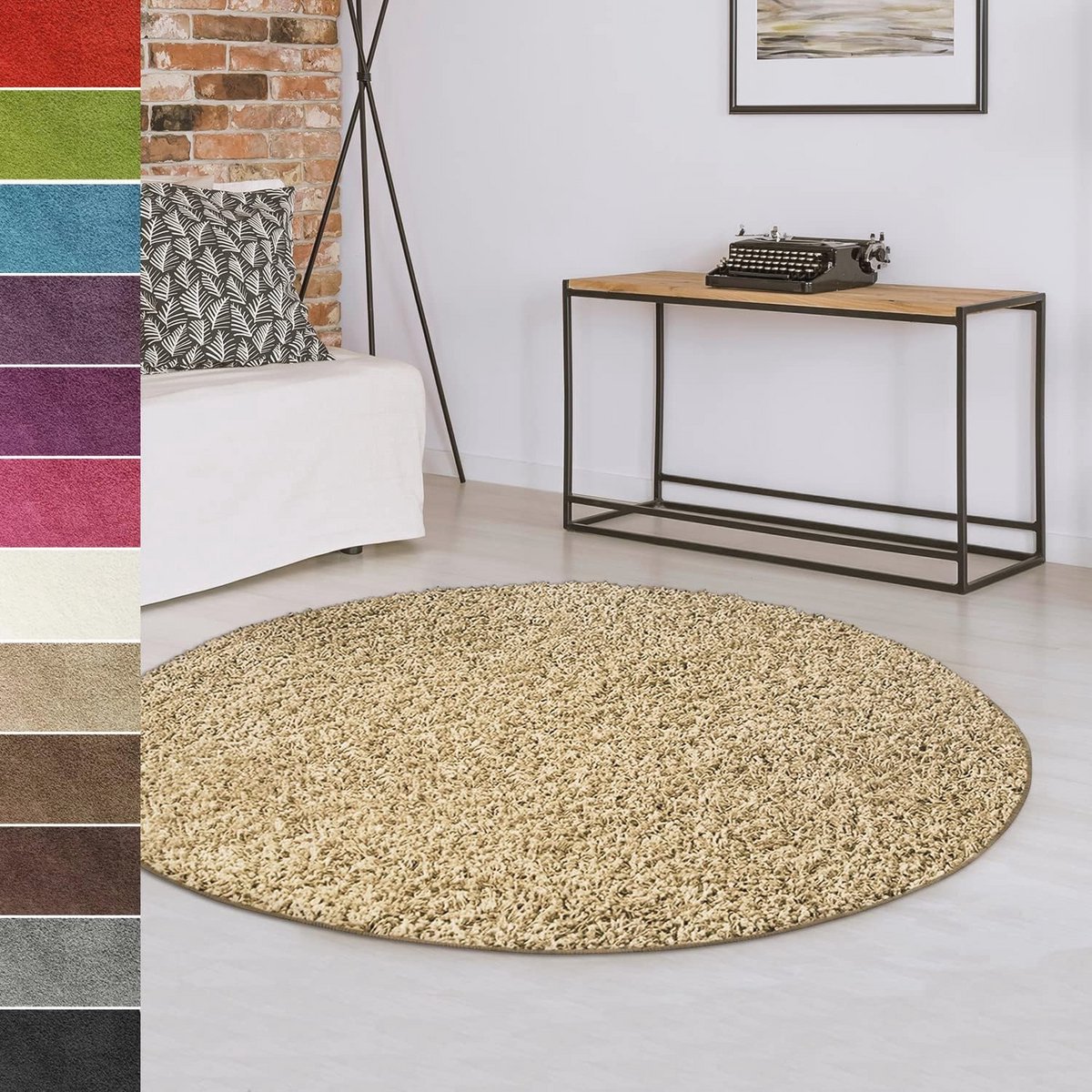 Rond Hoogpolig Vloerkleed 120 cm - Beige Shaggy Tapijt voor Woonkamer en Slaapkamer