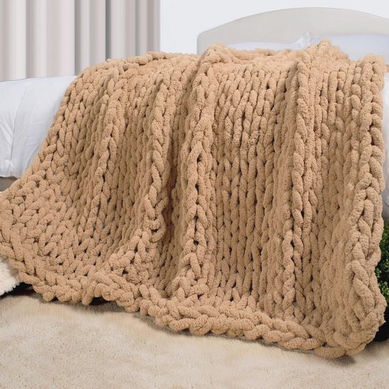 Chunky Knit Blanket - Handmade Chenille Loop Yarn Soft and Fluffy Throw for Sofa and Bed - Comfortable and Washable - 60x80 Inch Brown