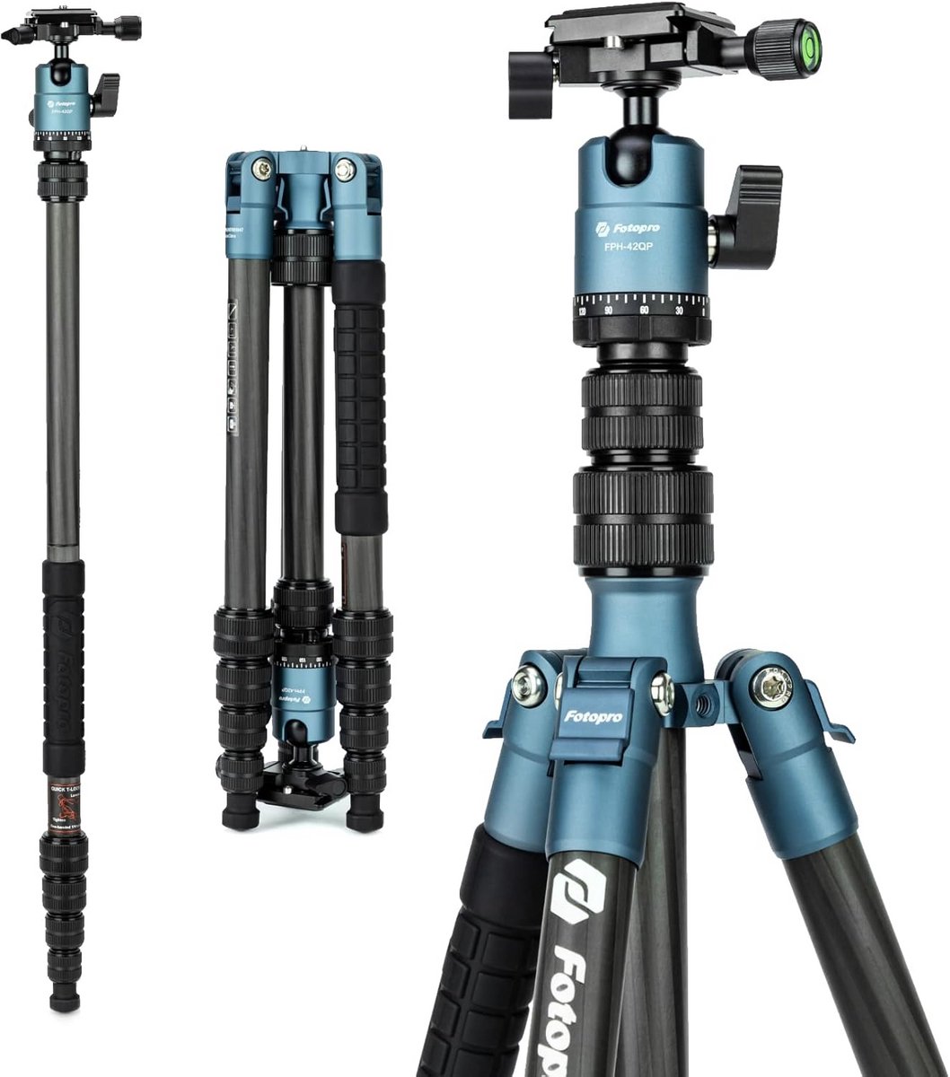 Lichtgewicht Carbon Reizstatief met Statiefkop en Monopod Functie