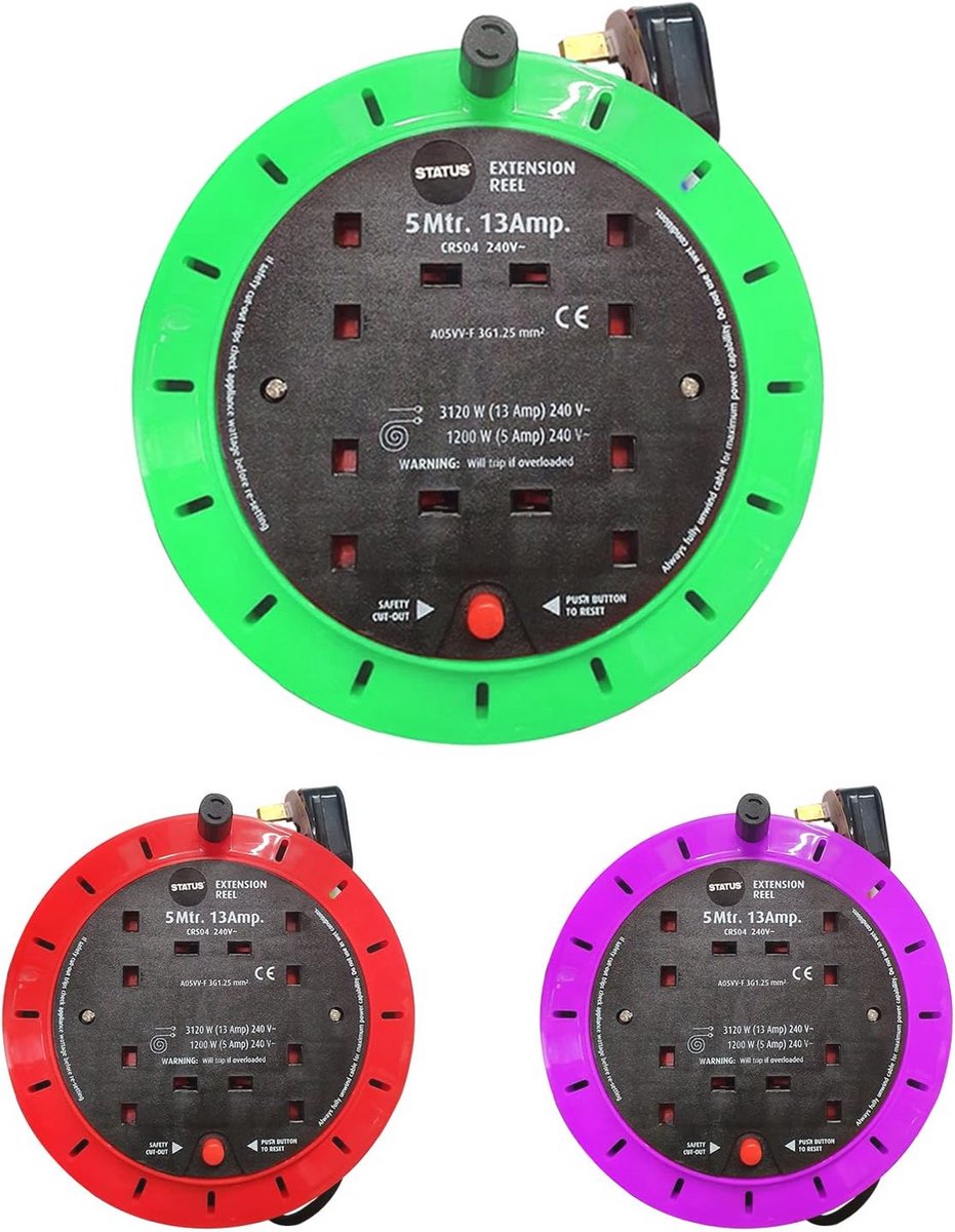 4 Socket Extension Cable Reel 5m 13A 240V Power Strip with Safety Cut Out - Heavy Duty