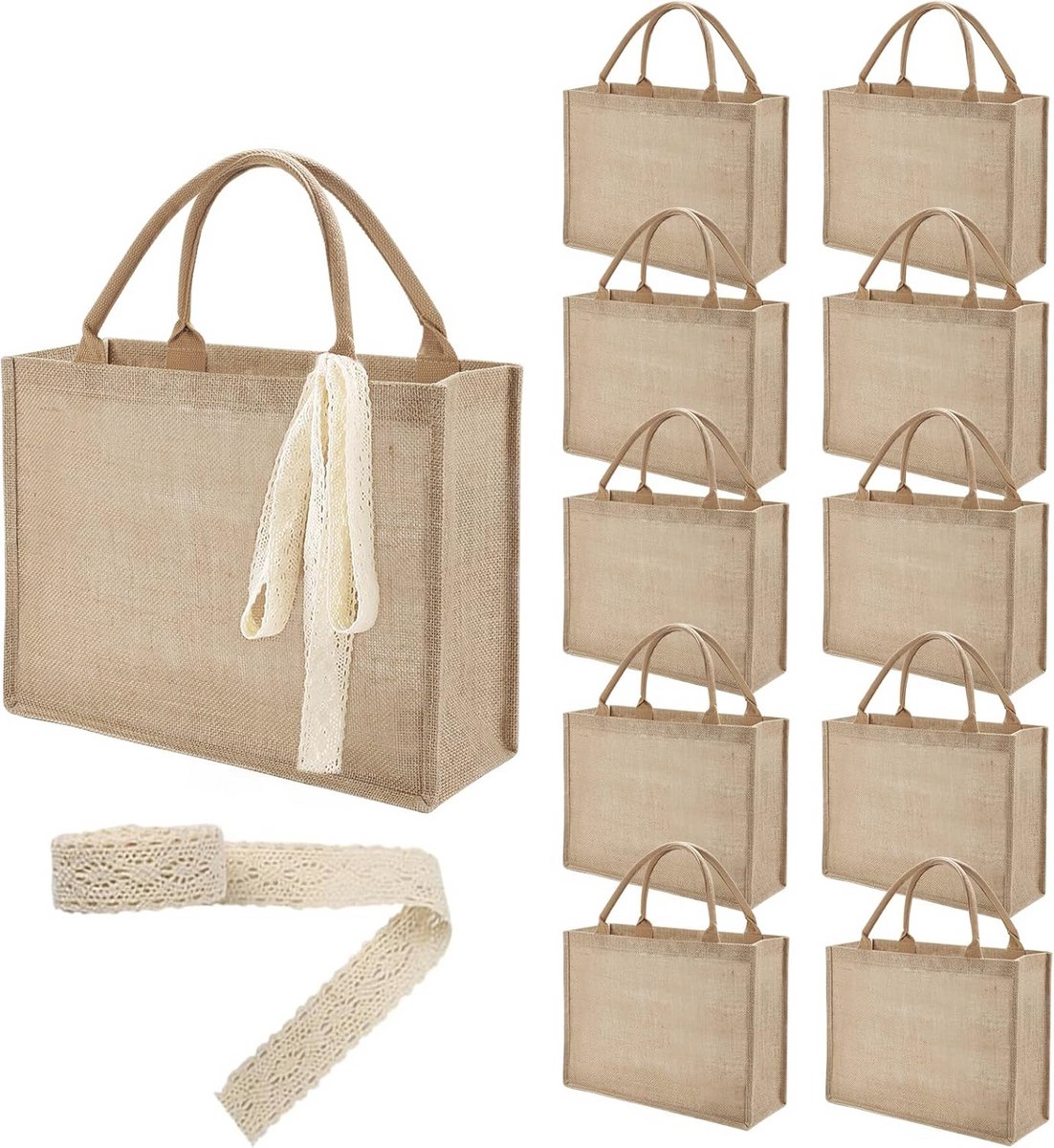 Grote jute draagtassen bulk - Herbruikbare waterdichte tas met 10 m lint voor geschenken