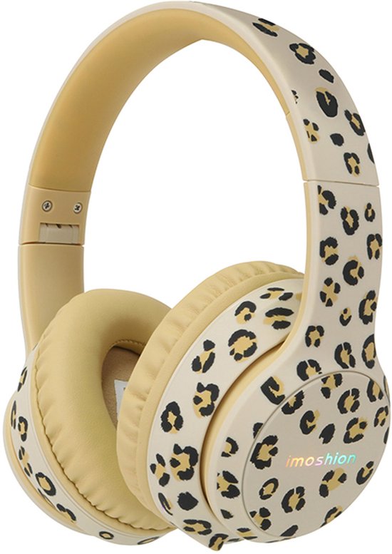 Imoshion koptelefoon in beige met luipaardprint en opklapbare oorschelpen.