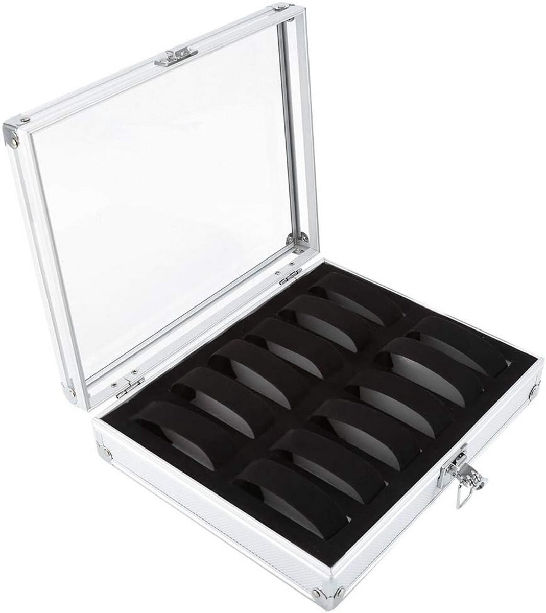 Luxe Horlogedoos Aluminium Zilver met 12 Vakken - Veilige Opbergkoffer voor Horloges