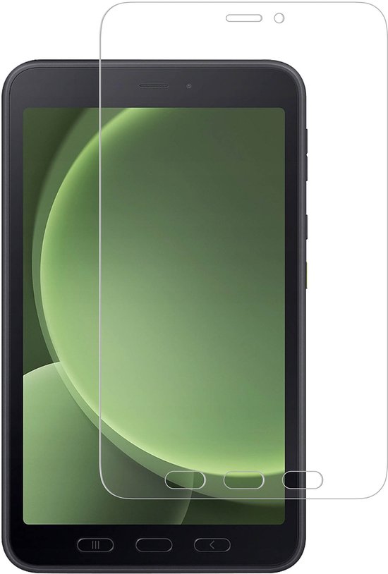 Een heldere screenprotector op een zwarte tablet met een groene achtergrond.