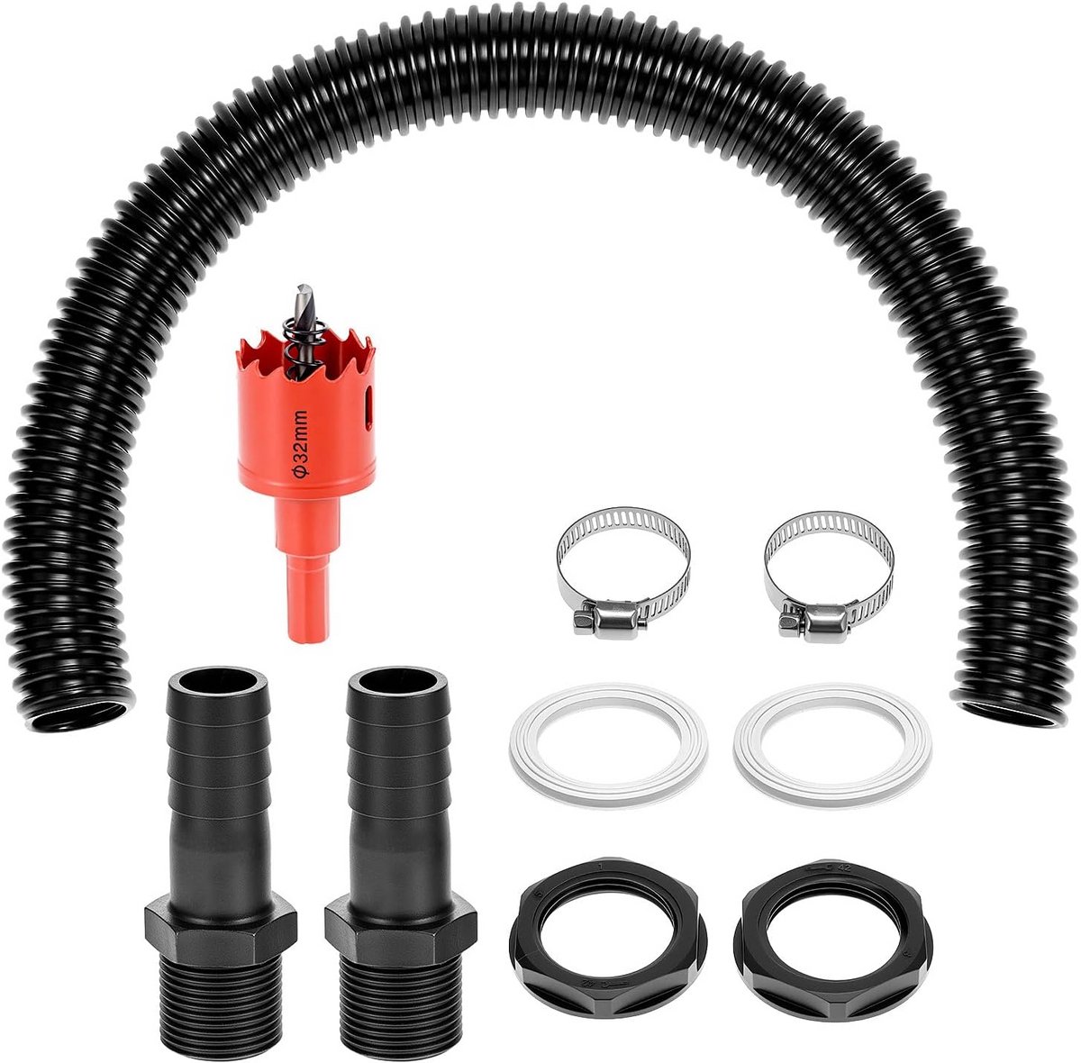 Regenwater reservoir connector set - Water ton koppeling - Water opvangen - Compleet met gaatjesmaker - 500mm slang - Zwart