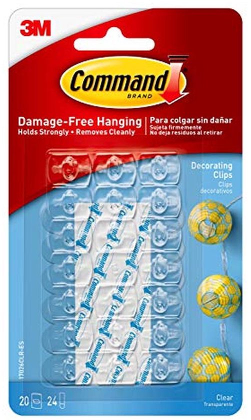 Verpakking met 20 transparante Command decoratieclips.