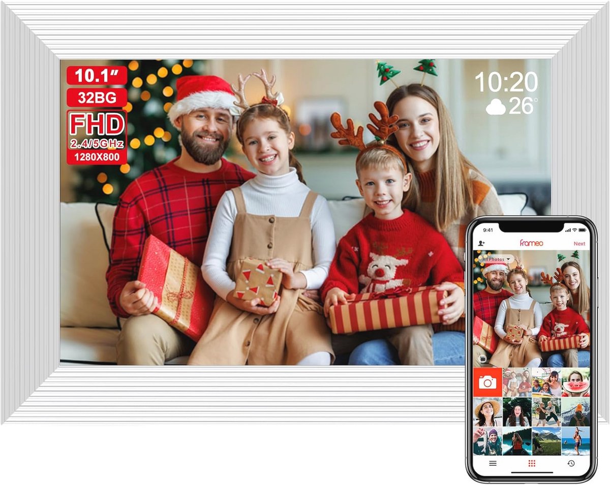 QCREA Frameo 10,1 inch Smart WiFi digitale fotolijst, digitale fotolijsten laden van telefoon, elektronische fotolijst ingebouwde 32 GB opslag, WiFi fotolijst digitaal met app - wit