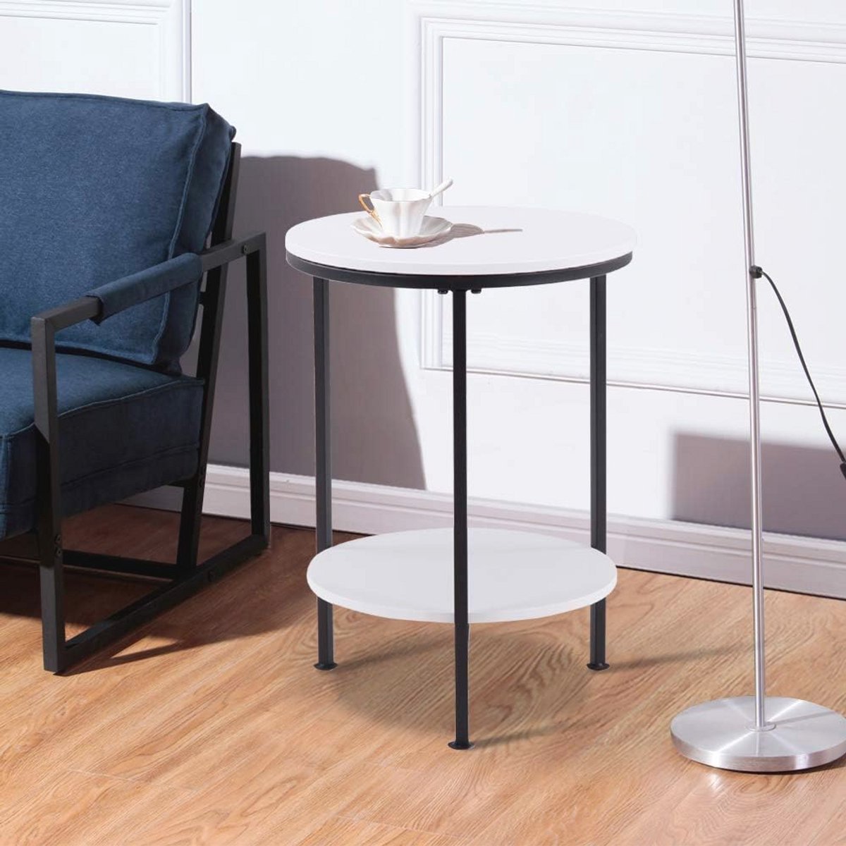 Moderne Ronde Bijzettafel - Kleine Salontafel met 2 Lagen voor Woonkamer en Slaapkamer