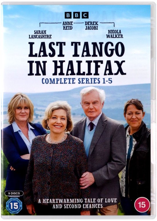 Voorzijde van de dvd-hoes met de cast van Last Tango in Halifax: Sarah Lancashire, Anne Reid, Derek Jacobi en Nicola Walker.