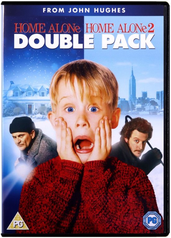 De voorkant van de "Home Alone 1-2 Double Pack" dvd hoes. Toont Macaulay Culkin geschrokken, met op de achtergrond de gebouwen van New York en een huis.