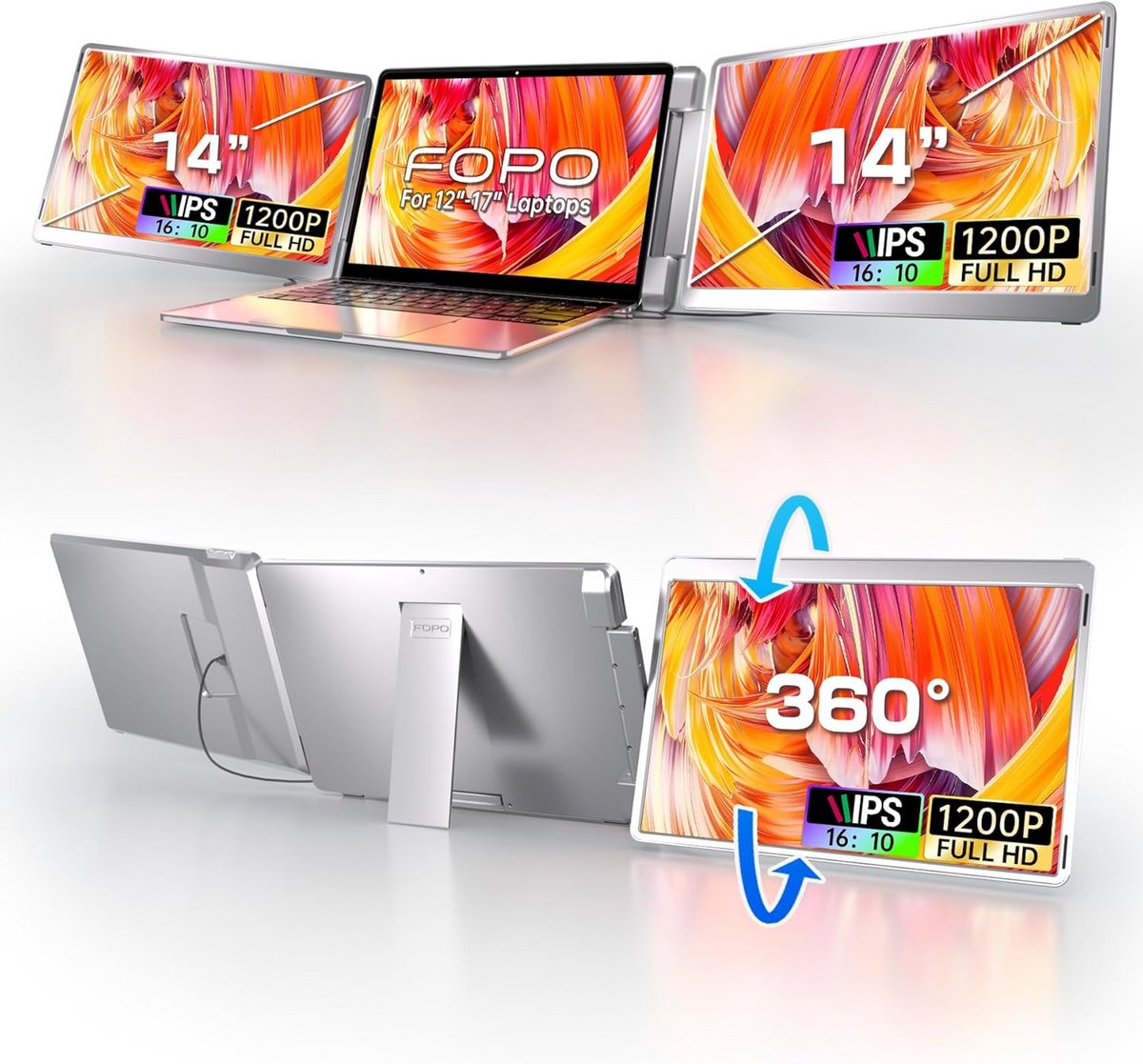 14 Inch Dubbel Monitor Uitklapbaar voor Laptop - FHD 1200P Draagbaar Scherm met HDMI & USB-C