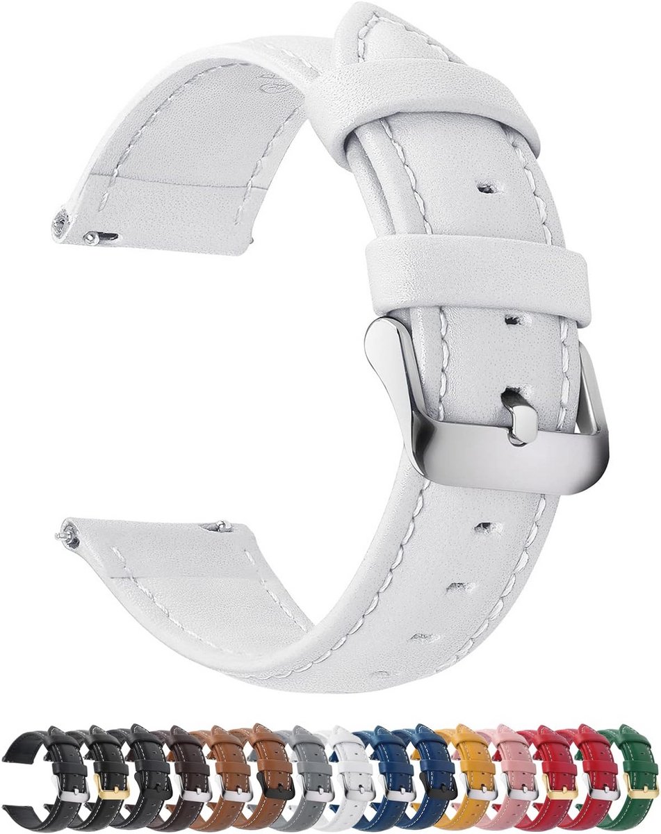 Leren Horlogeband 18mm met Stalen Gesp voor Mannen en Vrouwen - Wit en Zilver