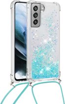 Lunso - Backcover hoes met koord - Samsung Galaxy S21 FE - Glitter Lichtblauw