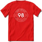 98th Happy Birthday T-shirt | Vintage 1924 Aged to Perfection | 98 jaar verjaardag cadeau | Grappig feest shirt Heren – Dames – Unisex kleding | - Rood - L